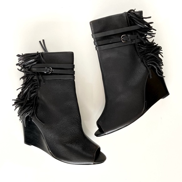 Rebecca Minkoff Black Fringe Stevie Peep Toe Wedge Booties Size 10 - Picture 6 of 15
